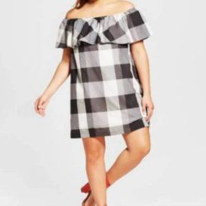 Gingham Check Ruffle Shoulder Dress